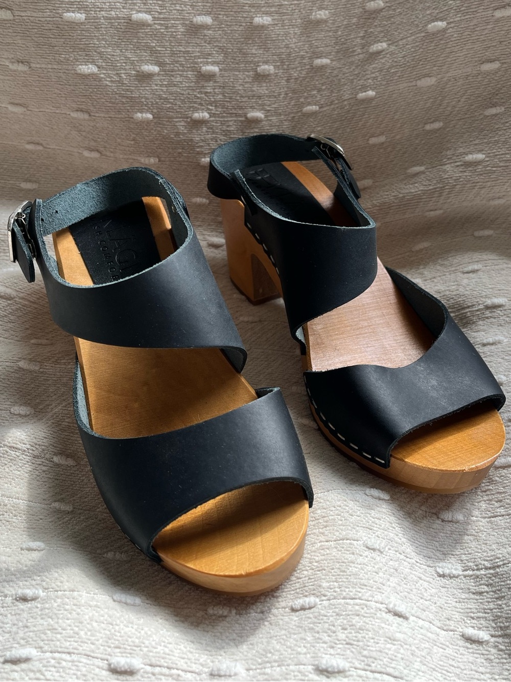 NWOB Black Leather Strappy Wooden Heel Sandals